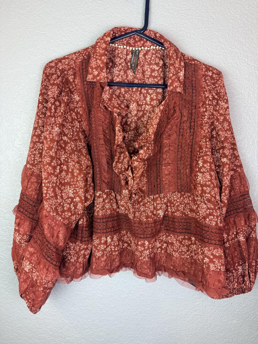 Anthropologie Blouse Womens Medium Orange Floral Ruffle Collared Lace Boho Top